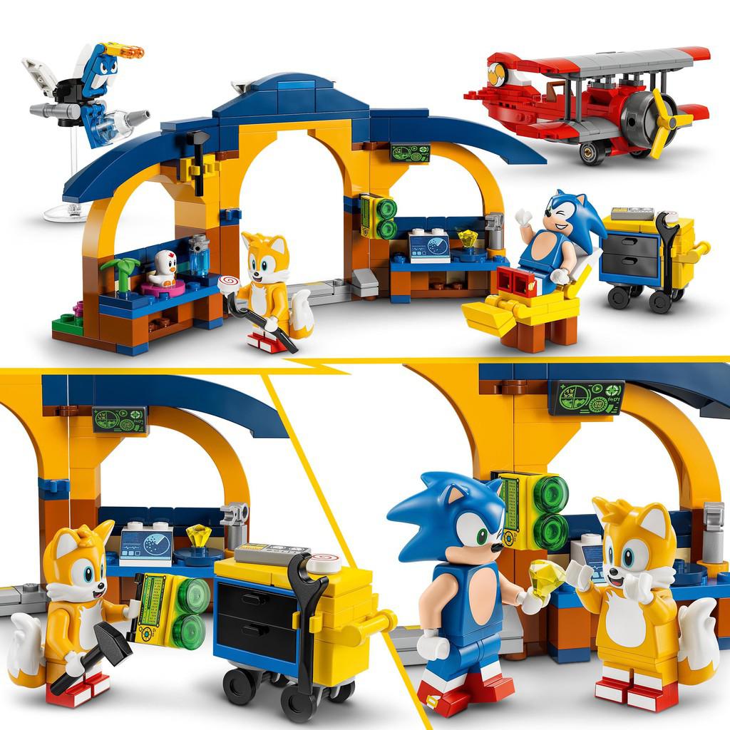 this image shows off the workshop, inside the LEGO workship, tails has lots of gadgets to show off to sonic. there is a handy lego cart full of tools for tails to use