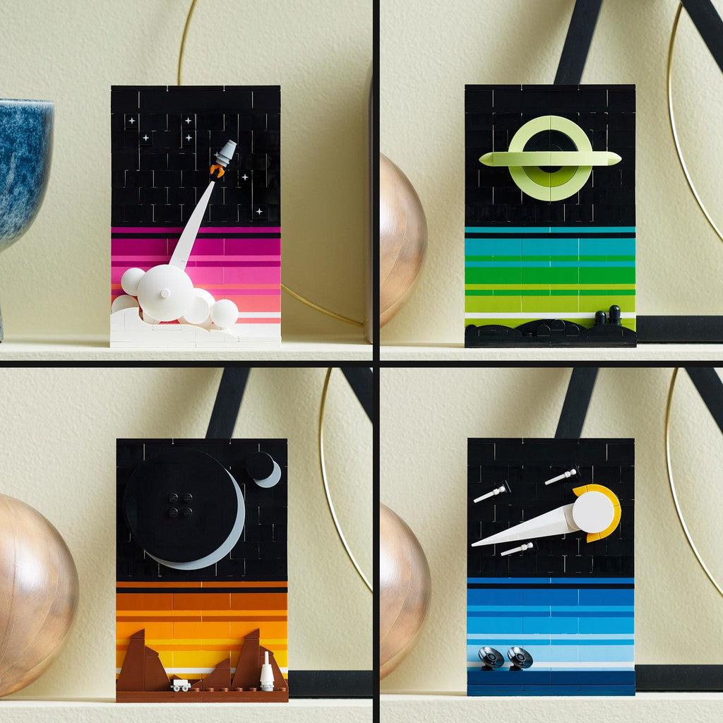 4 LEGO art pieces showing planets, moons, asteroids and a rocketship