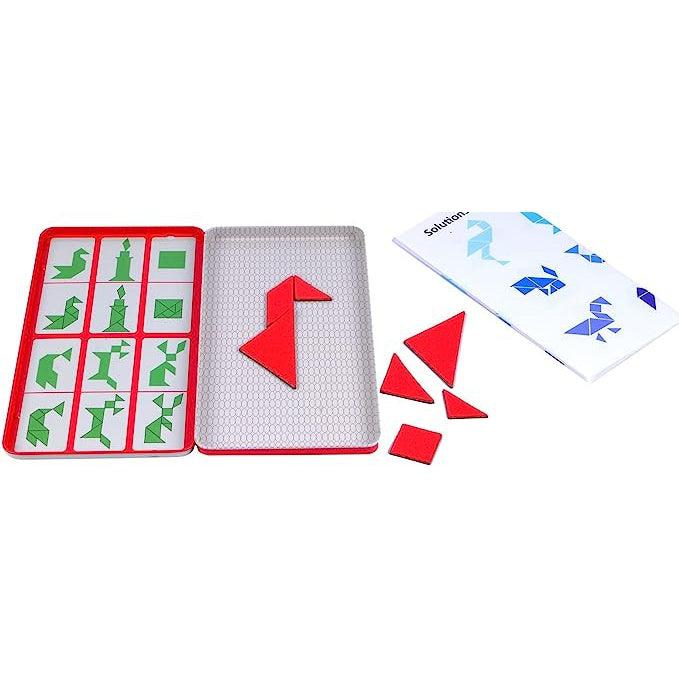 Image of the inside of the game tin. One side has a white background where you can create the tangrams and on the other side is a place for you to place the puzzle cards.