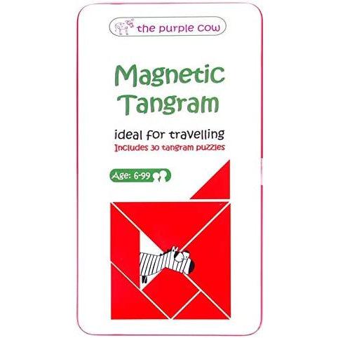 Image of the tin for the Tangram TO GO game. On the front is a picture of tangram pieces fitting together to make a window for a cartoon zebra.