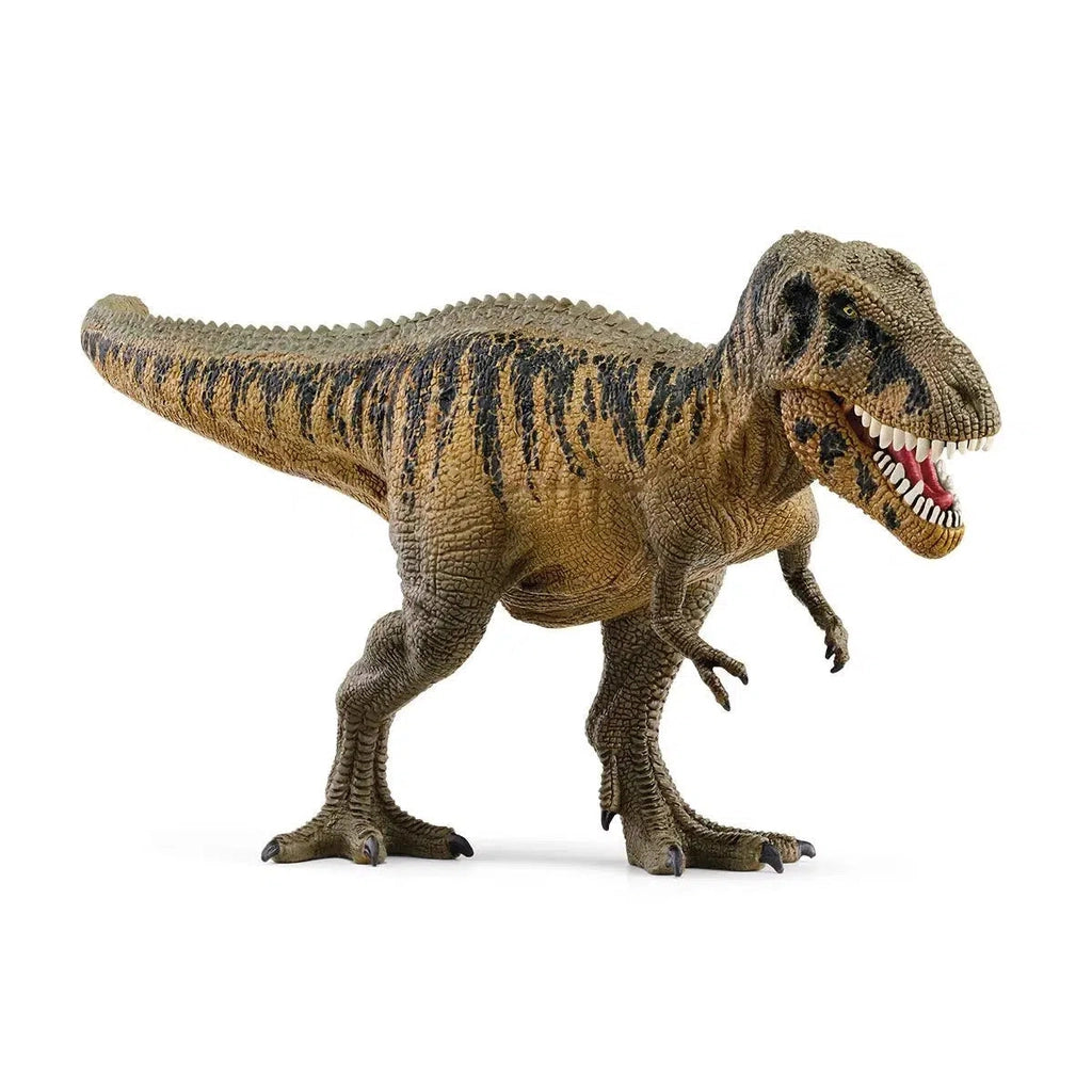 Image of the Tarbosaurus figurine. It is a brown and black T-Rex looking dinosaur with a sharp toothy grin.