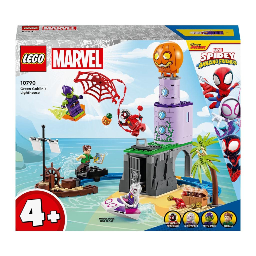 front of the box shows the lego set with all the minifigures in action fighting in front of the green goblins lighthouse