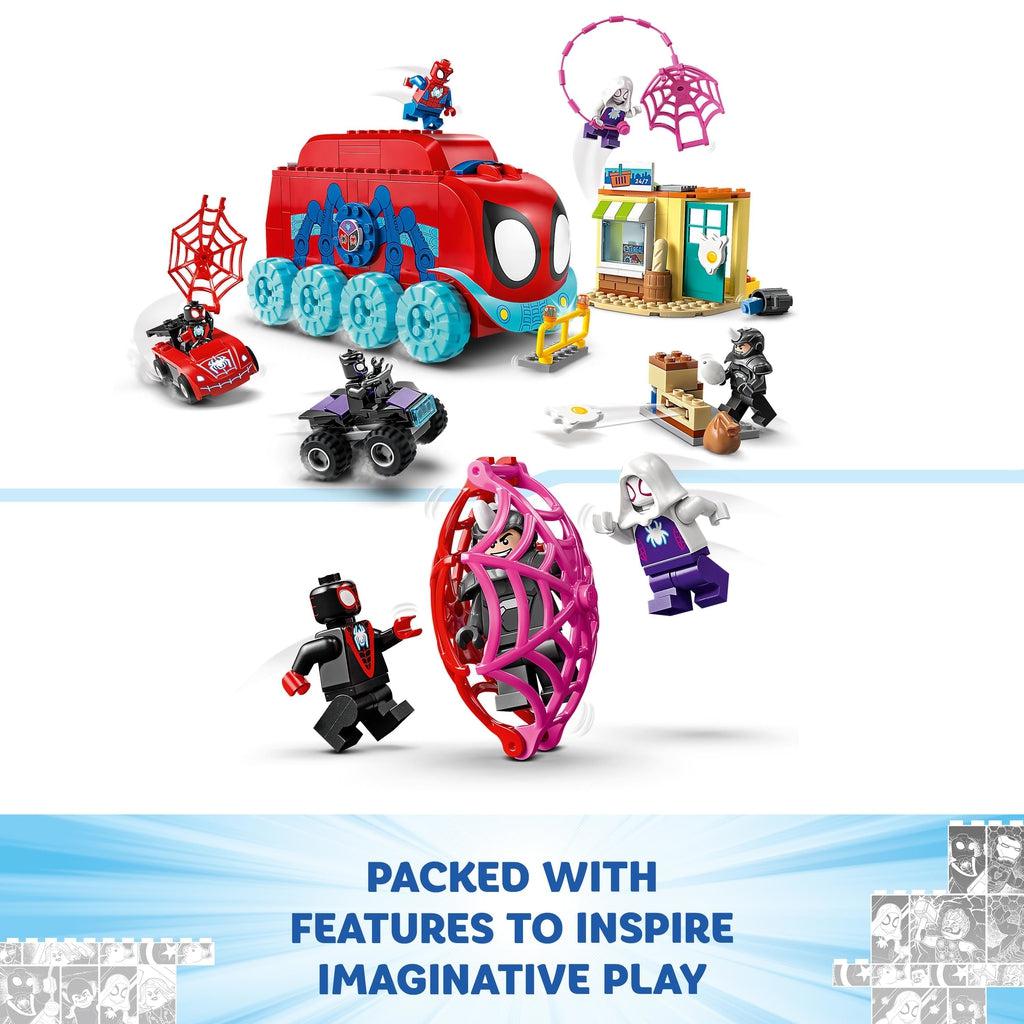 lego set shown above another image of the spiderman figures web accessories being connected to make a trap for rhino. | Text reads: Packed with features to inspire imaginative play