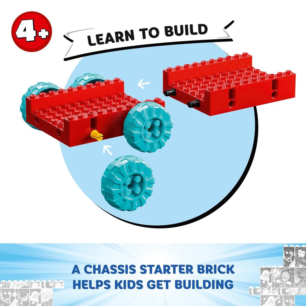 image shows easy snap connections for the base of the vehicle and it's wheels | Text reads: A chassis starter brick helps kids get building