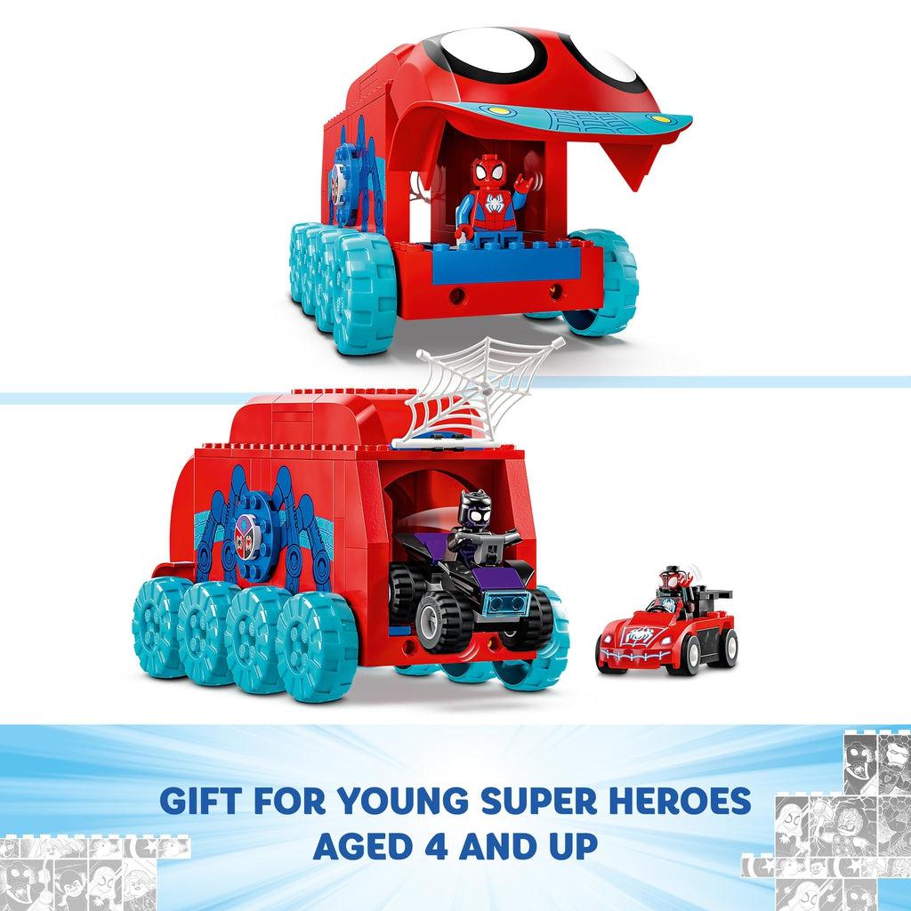 images showing the front and back of truck can open up to allow access inside for minifigures and their smaller individual vehicles | Text reads: Gift for young super heroes aged 4 and up