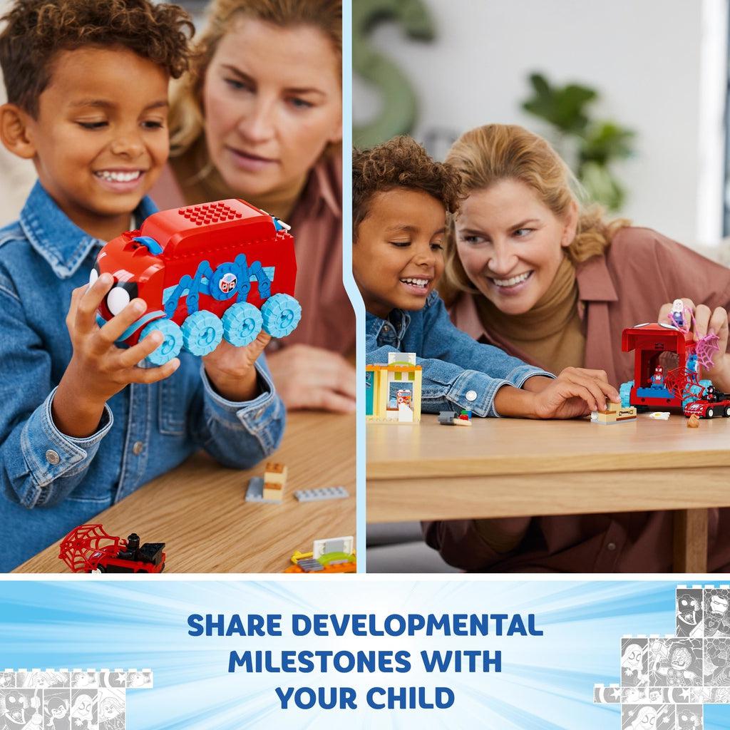 images of a child playing with the set with their mom | Text reads: Share developmental milestones with your child.