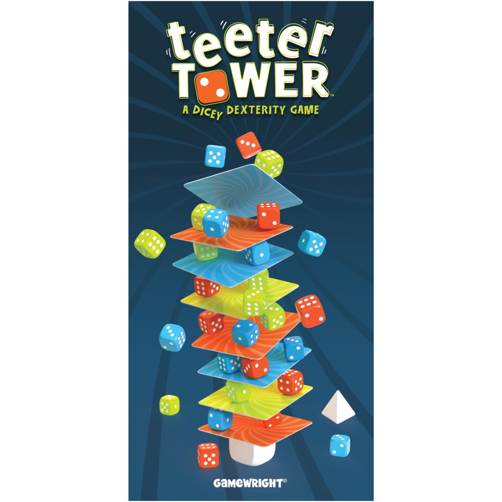 Image of the front of the box for the game Teeter Tower. On the front is a picture of the game right mid play through. The dice are stacked on cards to create a tower that is close to falling down.