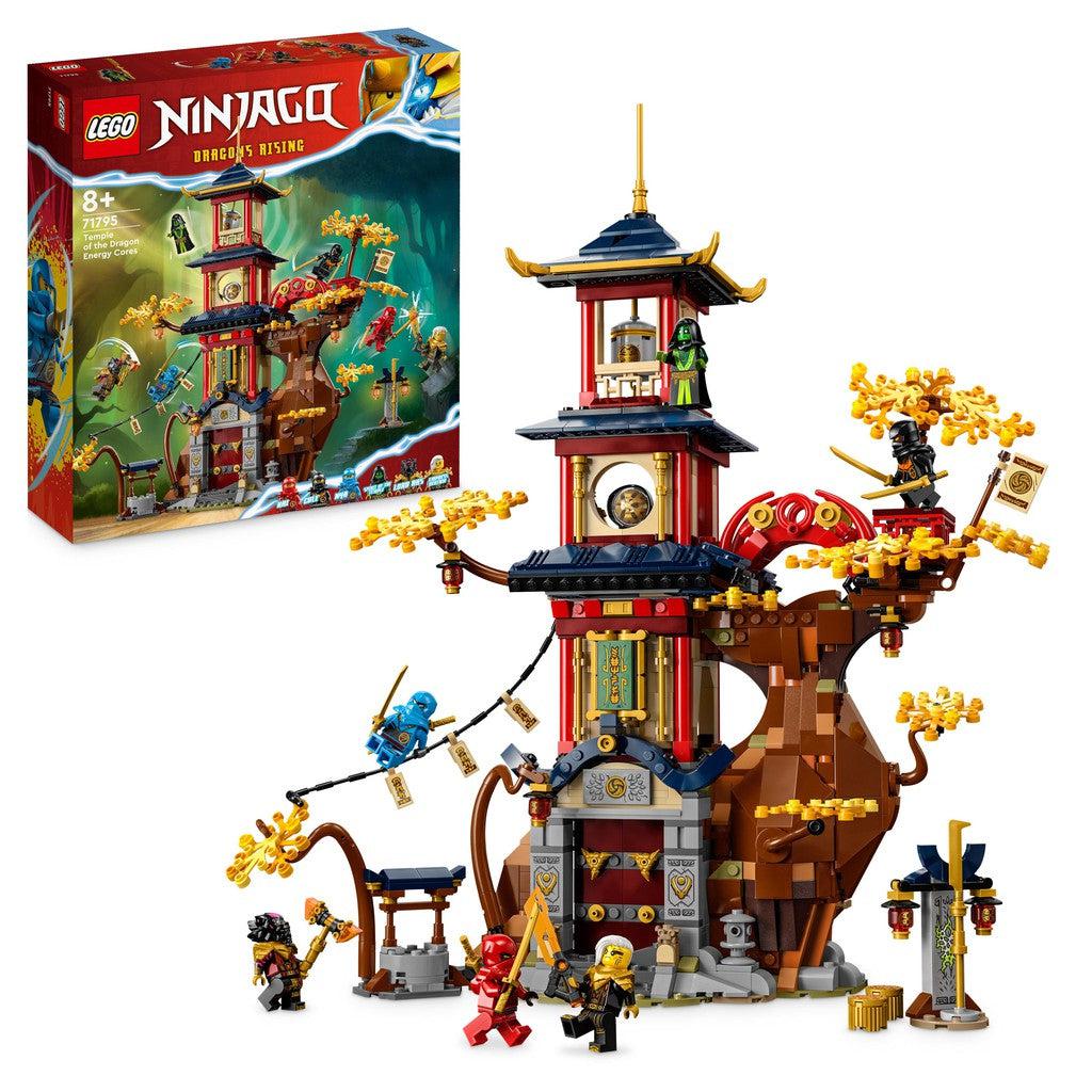 A red LEGO ninjago tower surrounded by a large tree with yellow leaves