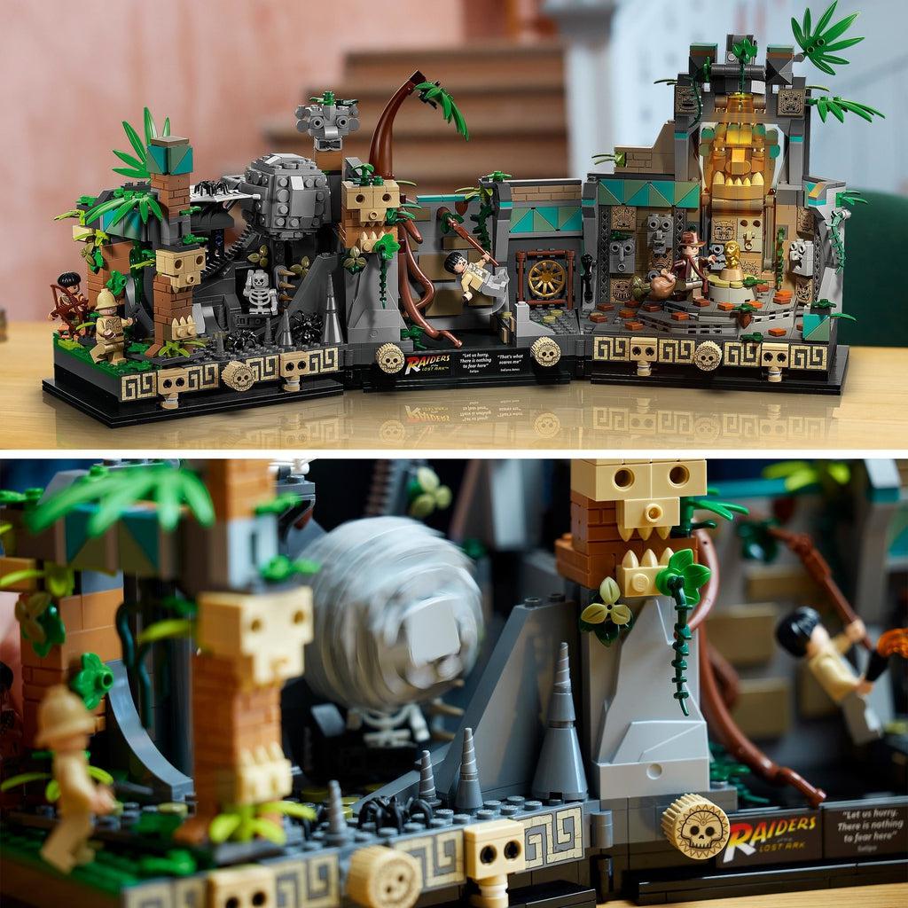 an intricate LEGO set featuring classic traps from Raiders of the Lost Arc