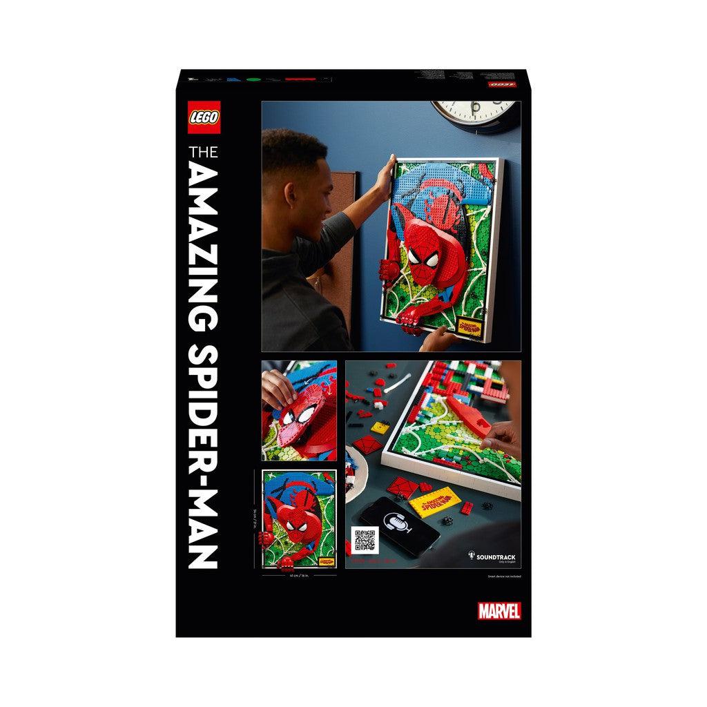 the back of the box shows the posable head and hands of spider man
