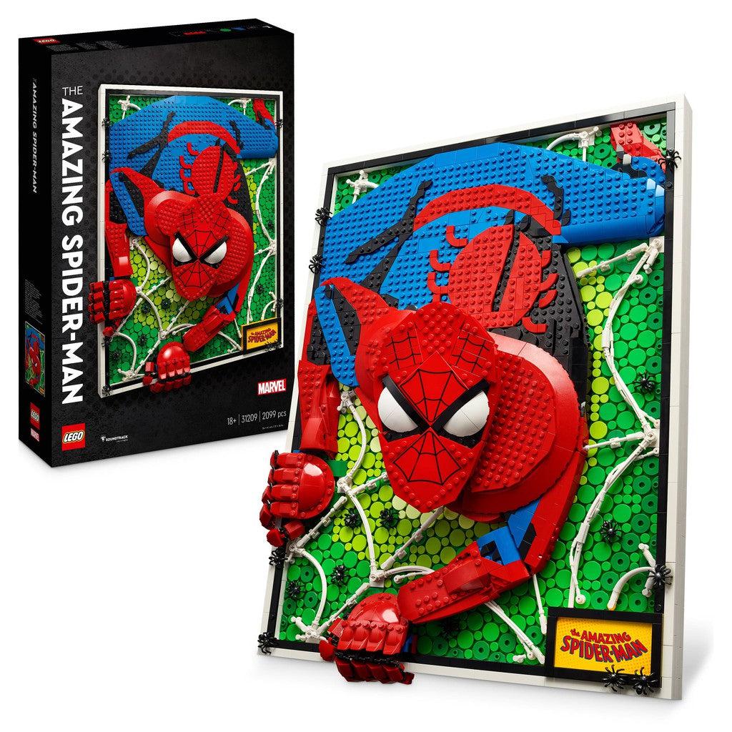 the LEGO art featuring a portrait of Spider Man crawing over some webs with a green background