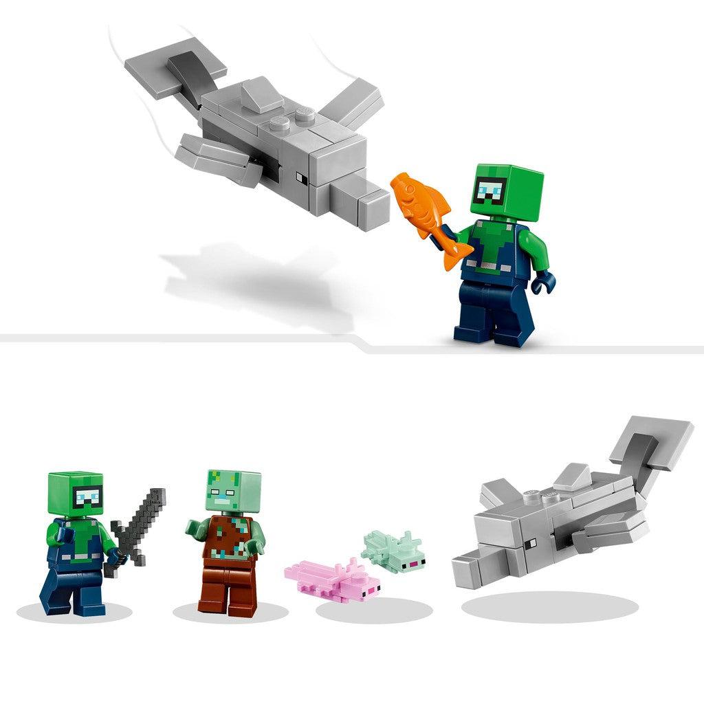 comes with 2 LEGO minecraft minifigures. 2 axolotls and a LEGO dolphin