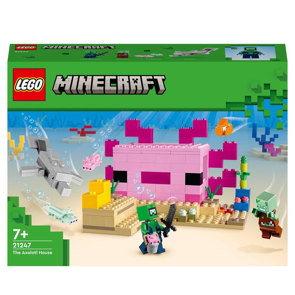 LEGO minecraft Axolotl house. Theres a house build around a pink axolotl. 