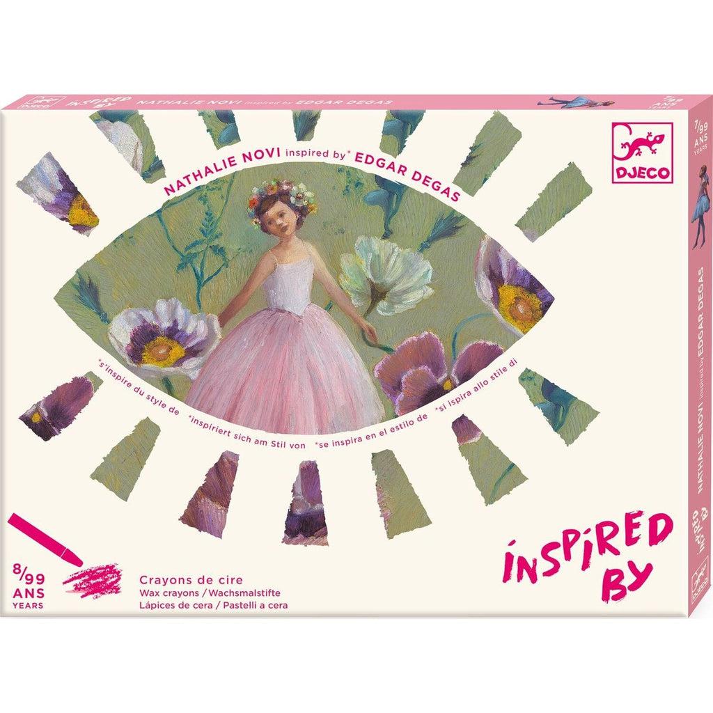 Image of the packaging for The Ballerina Wax Crayons Art Kit . On the front is a eye shaped picture of the famous painting by Edgar Degas.