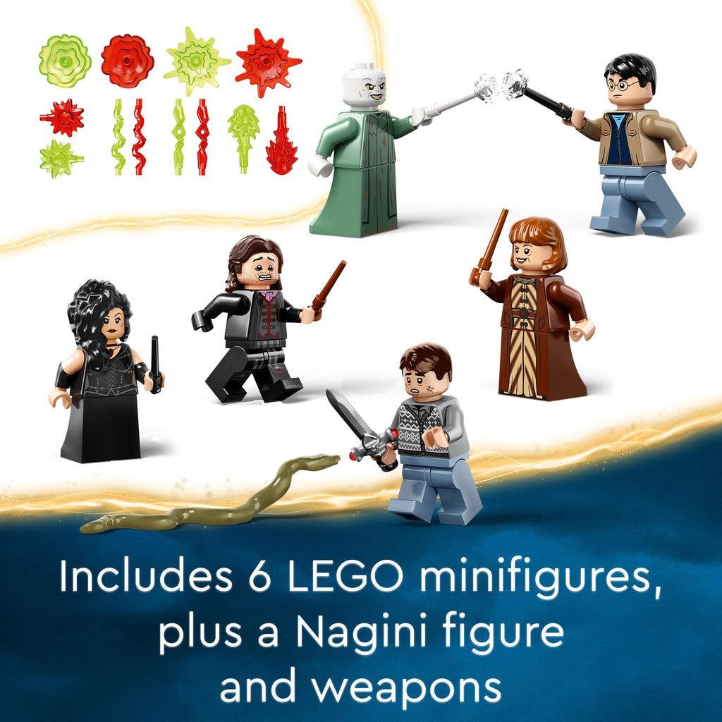 includes 6 LEGO minifigures plus a nagini figure and weapons. 