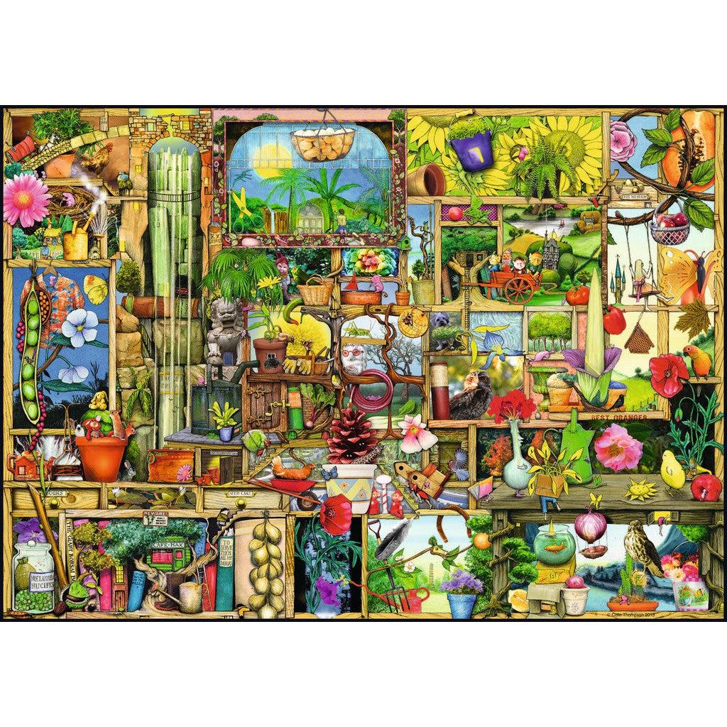 Image of the finished puzzle. It is a picture of a gardener's cupboard filled with plants, waterfalls, seeds, fruits and vegetables, and gardening tools.