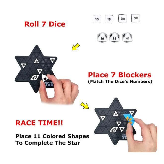 Shows that to start the game, roll 7 dice to determine where the blockers will be. Then you race to complete the puzzle.