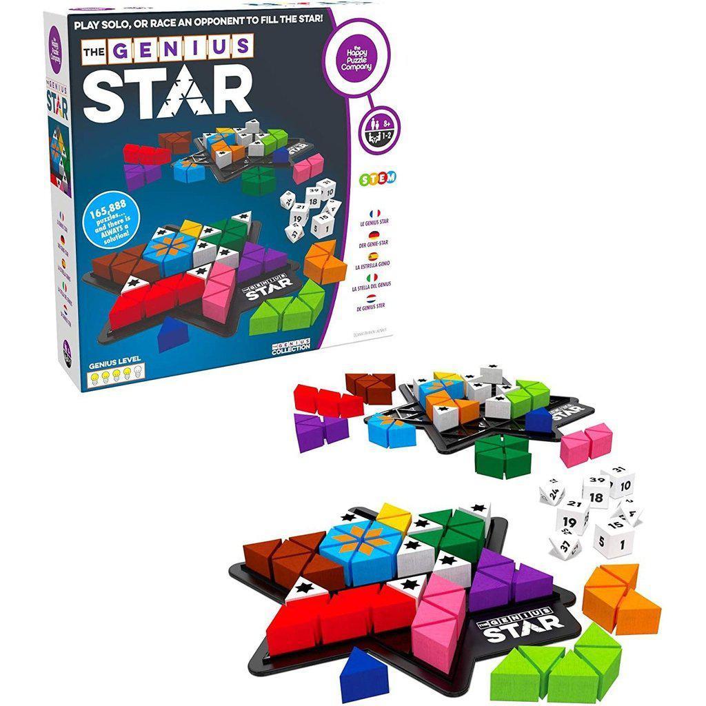 Image of the box for The Genius Star puzzle game. On the front is a picture of the game mid-playthough.
