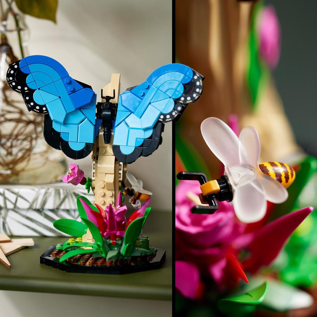 image shows a large butterfly and a small LEGO bee