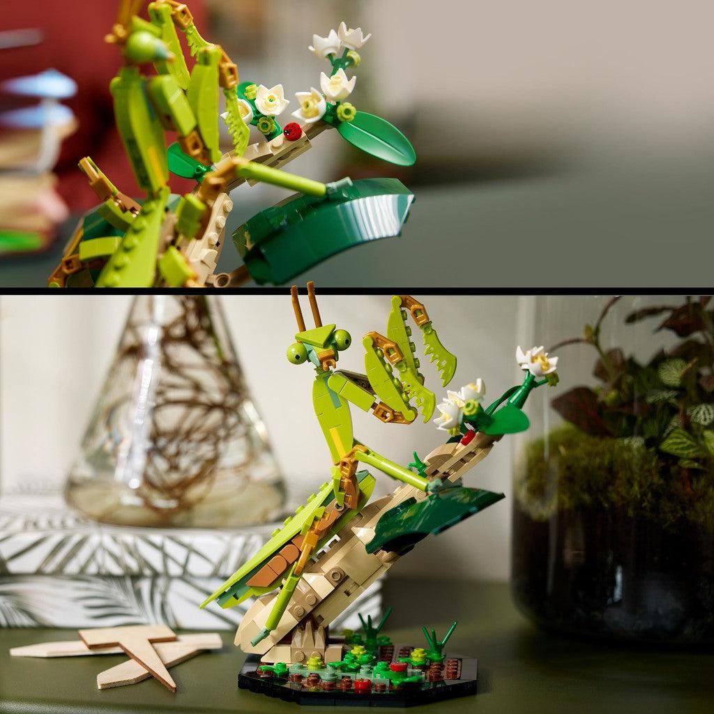 the LEGO mantis is standing on a LEGO stick