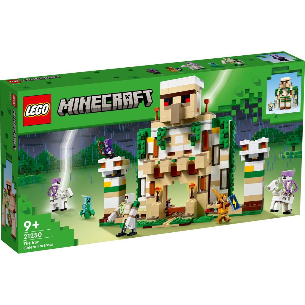 Box cover of LEGO minecraft Iron golem fortress. A large building that looks like the MInecraft Iron Golem