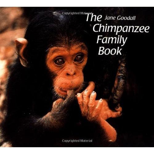 Image of the cover of the book The Jane Goodall Chimpanzee Family. On the front is an image of a young monkey.