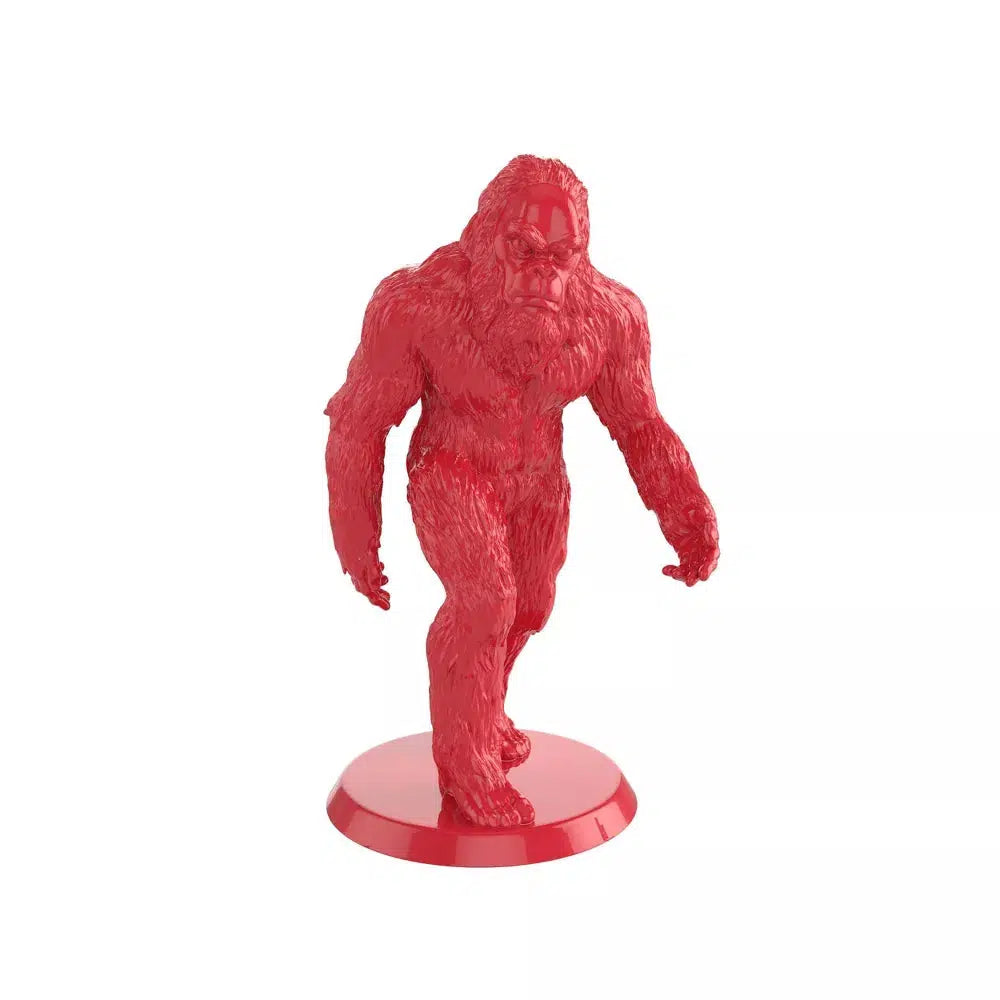Close up view of the Bigfoot figure. It is red with an incredible amount of detail. He has a mean face that is set in a frown.