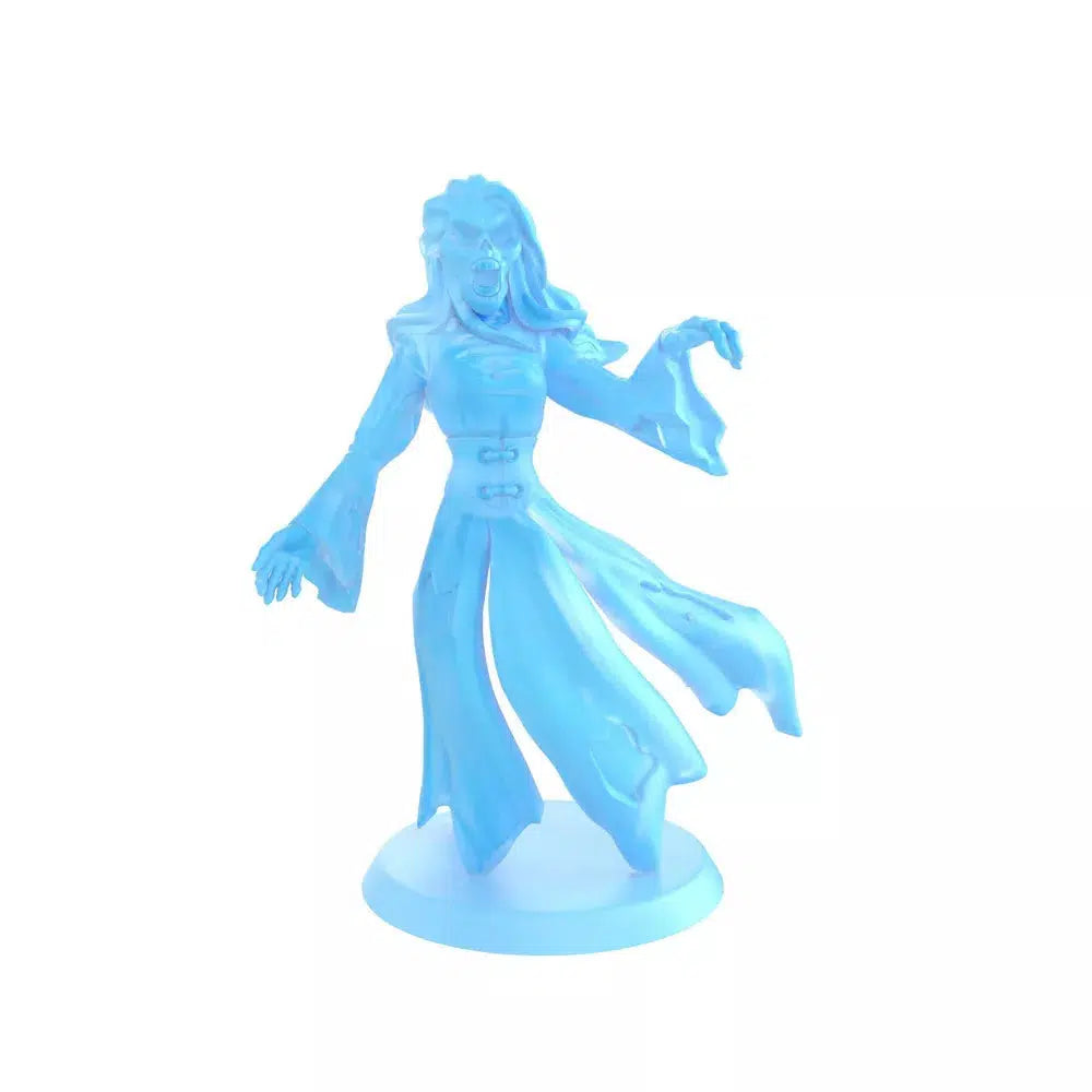 Close up of the specter figure. It is an ice blue and it has lots of detail. It looks like a ghost woman because the bone structure of the face looks feminine, it has long hair, and she is wearing a dress. The figure is made so that the specter doesn't have legs.