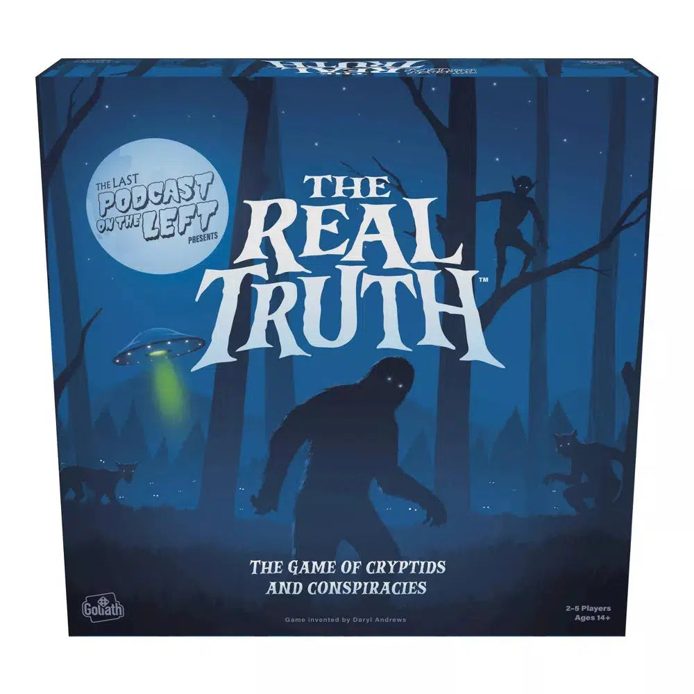 Image of the box for The Last Podcast on the Left Presents: The Real Truth. On the front is a illustration depicting a dark forest with Bigfoot, a UFO, an alien, and a werewolf hiding amongst the trees.