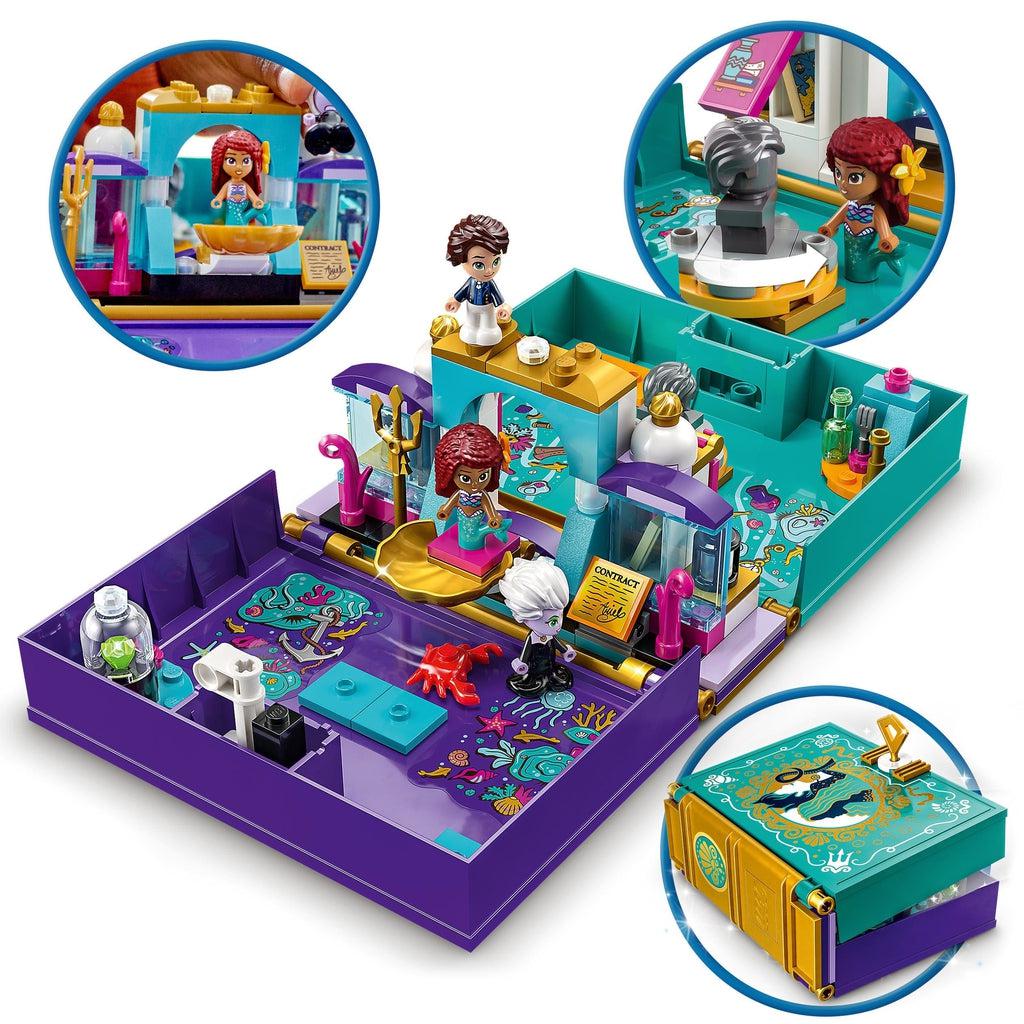 the book opens and closes to reveal a playset with ariel, ursula and the prince