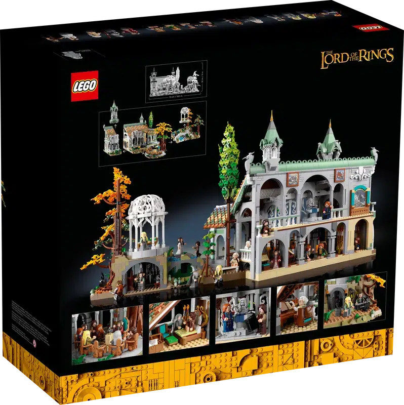 Image of the back of the box. It has an image of the back of the LEGO Lord of the Rings set so you can see into all of the rooms. On the bottom are smaller pictures of elements of interest for the same set.