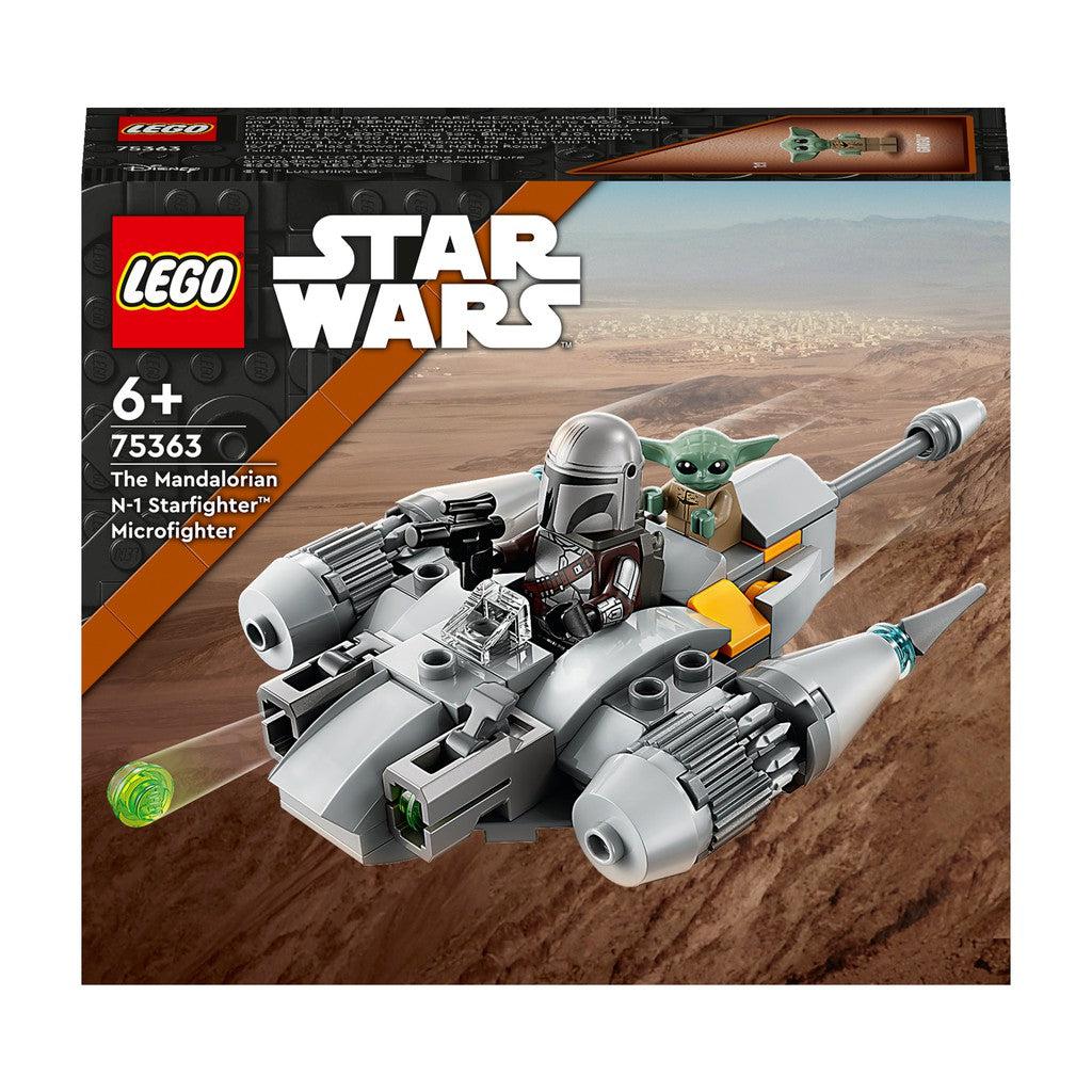 LEGO star wars Mandalorian n-1 Starfighter. the mandelorian and baby yoda are in a microfighter