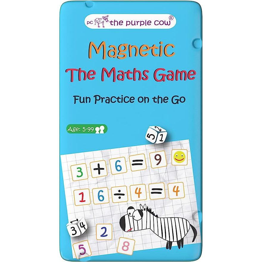Image of the tin for The Maths Game TO GO. On the front are simple math equations with a cartoon zebra looking at them.