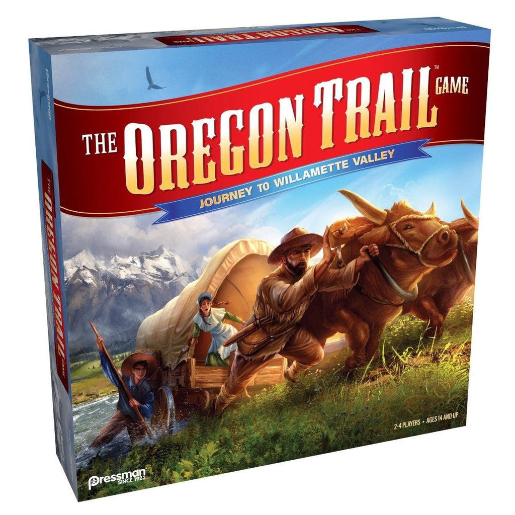 Image of the box for The Oregon Trail: Journey to Willamette Valley. On the front is an illustration of a wagon crossing the river with the help of the family and the oxen.