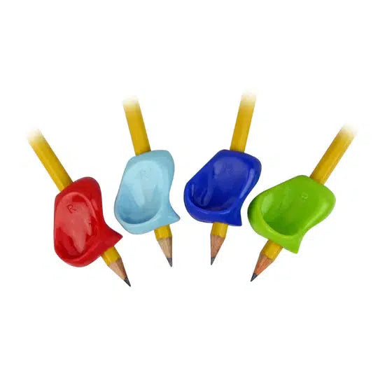 Image of the pencil grips on the pencils. They come in 4 different colors, red, light blue, blue, and green.