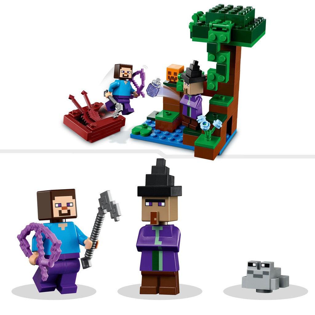 comes with 3 Minifigures, a witch, steve, and a gray frog