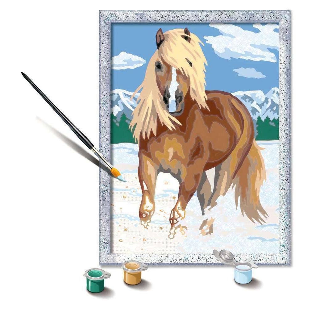 this picture shows a paintbrush carefully adding white paint of snow for the horse to run in. The numbers are shows to display how to fill in the paint by numbers kit