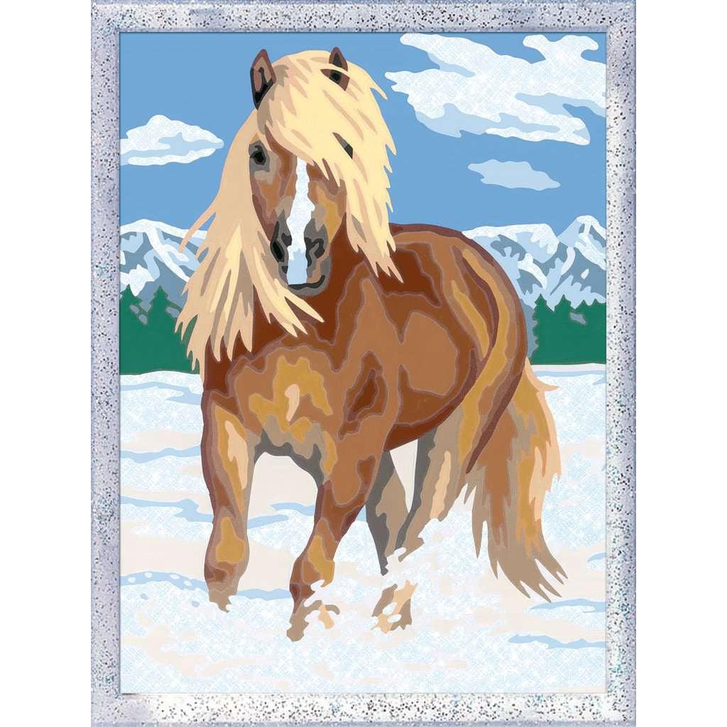 this is a competed picture of the royal horse galloping in the snow. the glittery frame gives an accent to the finished picture when its has been painted