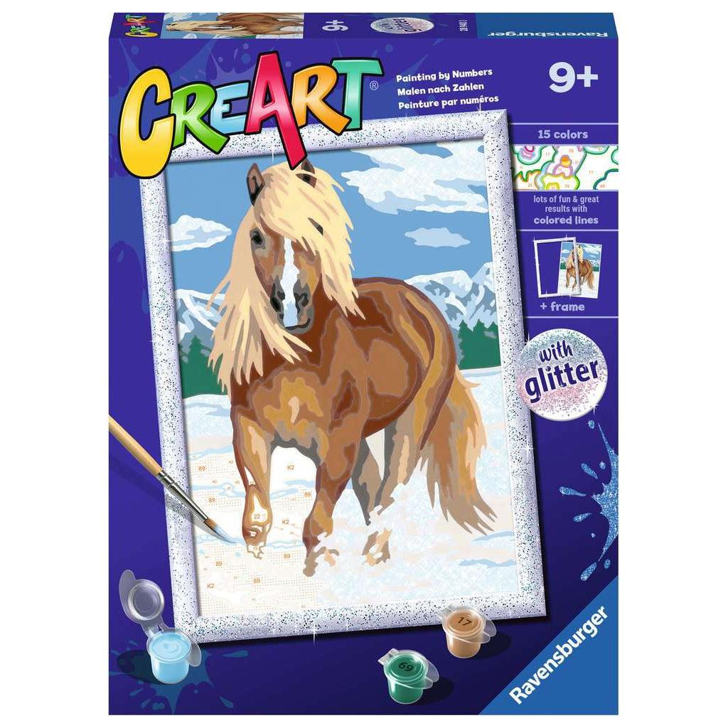 The royal horse is dashing through a field of snow. his blonde mane is whipping in the wind. this paint by numbers kit comes with a glittery frame and 15 colors