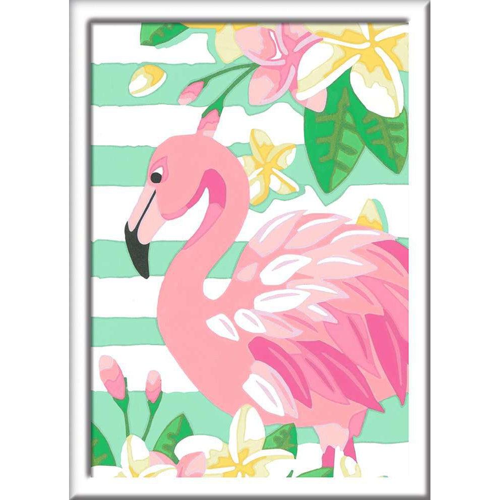 this picture shows the finished product of a flamingo in a frame, the flamingo has wonderful pink feathers, surrounded by flowers of pink and yellow. lots of green as leaves and the background.