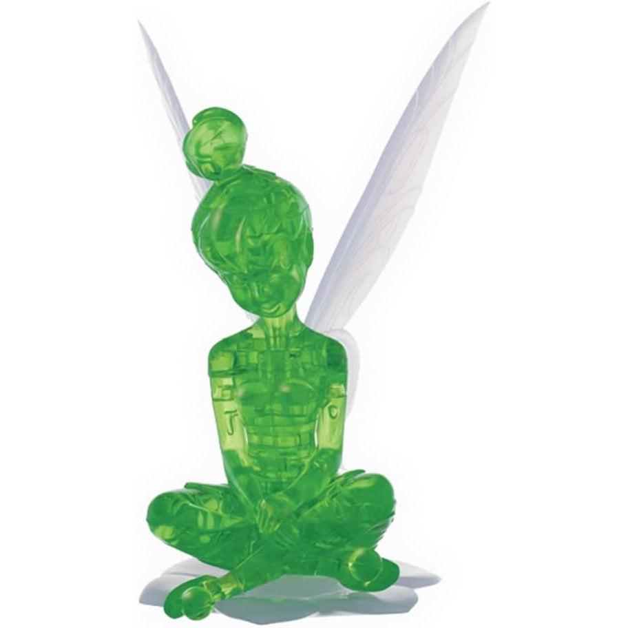 Image of the 3D Tinker Bell puzzle. It is a green crystal figure of her sitting cross-legged. She has white wings.