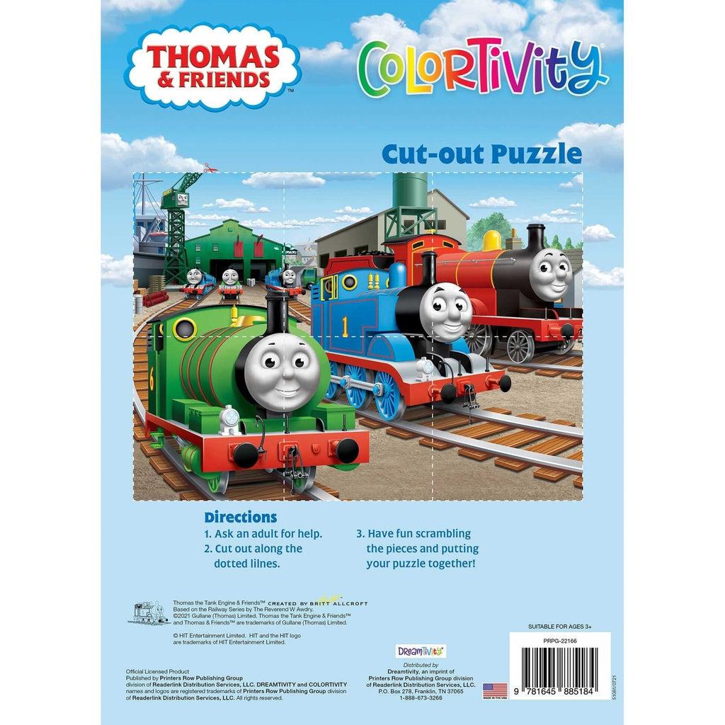 Image of the back cover of the book. On the back is a cut-out 6pc puzzle of Thomas and two of his friends.