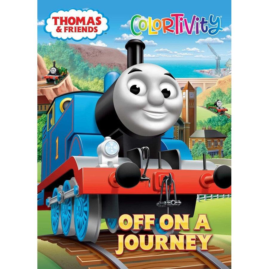 Image of the cover for the Thomas and Friends Colortivity Off On a Journey book. On the front is a scene of Thomas leaving a city with some of his friends in the background.