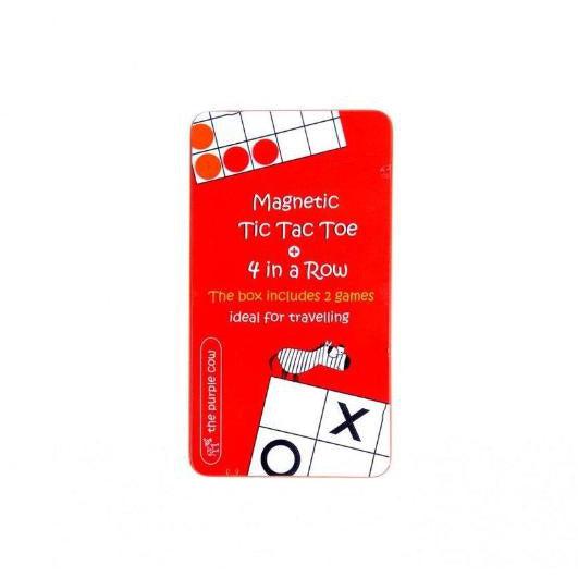 Image of the packaging for the Magnetic Tic Tac Toe & 4 in a Row game set. On the front of the box is a picture of the two games and of a cartoon zebra.