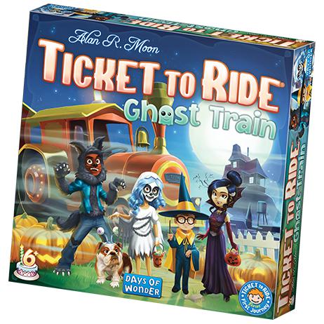 Image of the box for the game Ticket to Ride: Ghost Train. On the front are cartoon characters dressed for Halloween in front of a train and a haunted manor.