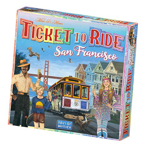 Image of the box for the game Ticket to Ride: San Francisco. On the front is a scene of a street with tall homes, a trolley, the golden gate bridge, and three characters wearing Californian-styled clothing.