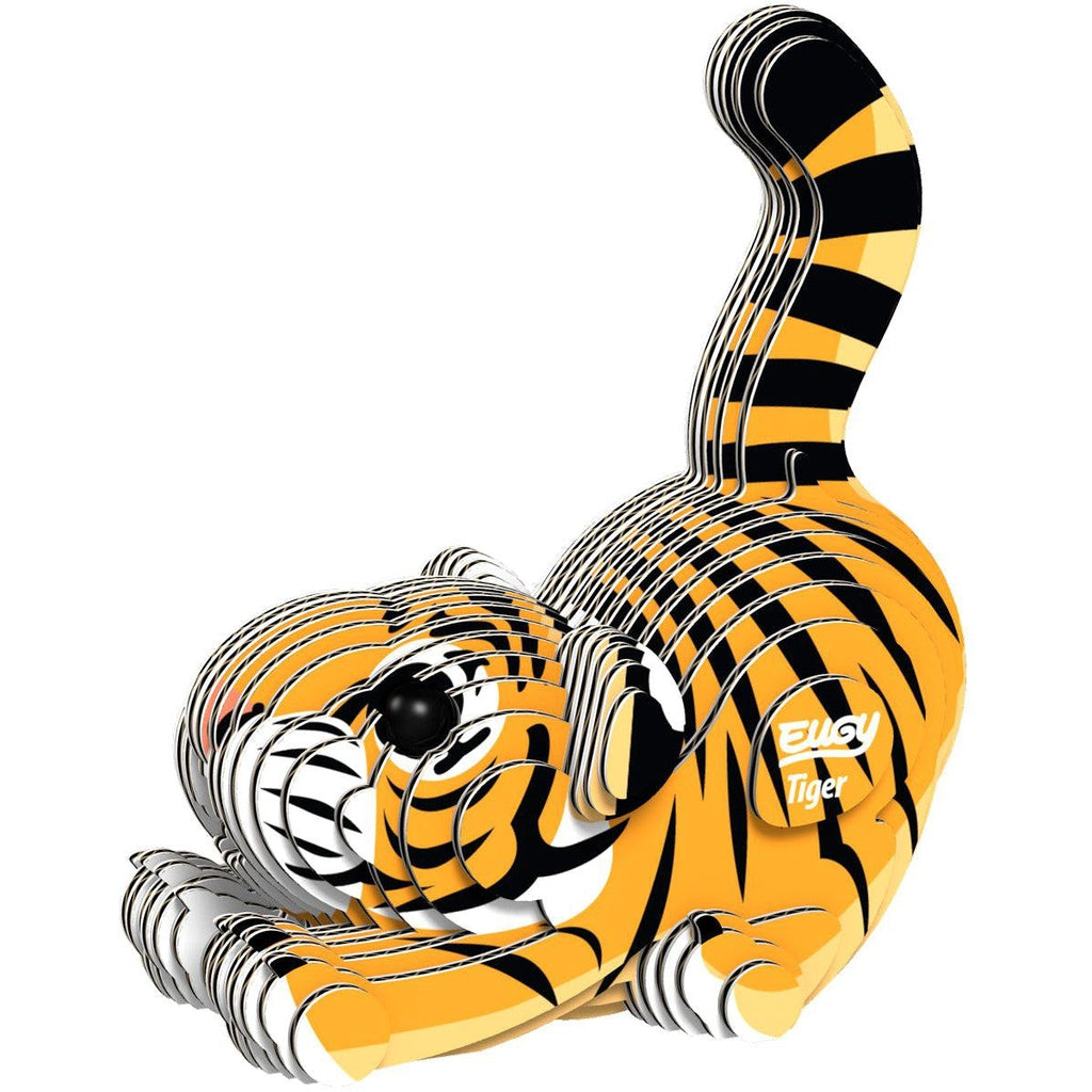 Image of the finished tiger 3D puzzle. It is in a stretching pose with its head down, its haunches up, and its tail wiggling toward the sky.