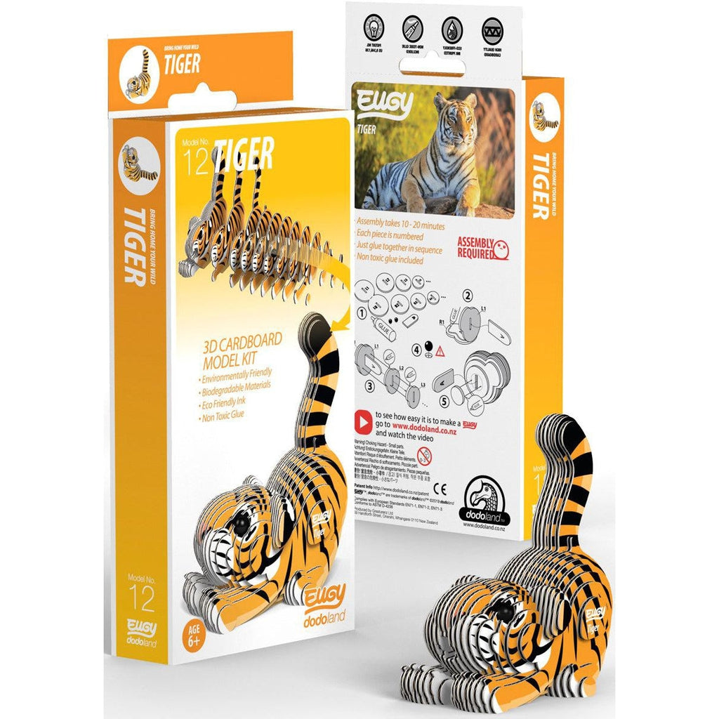 Image of the packaging for the Tiger Eugy 3D puzzle. On the front is a picture of all the layers that go into creating the tiger model.