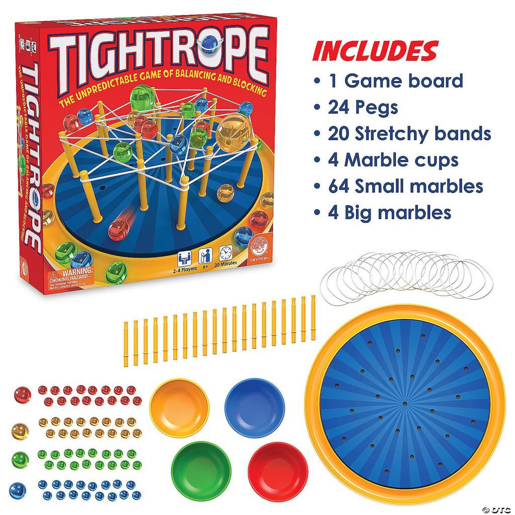 the game includes a game board, 24 pegs, 20 stretchy bands, 4 marble cups, 64 small marbles, 4 big marbles. 