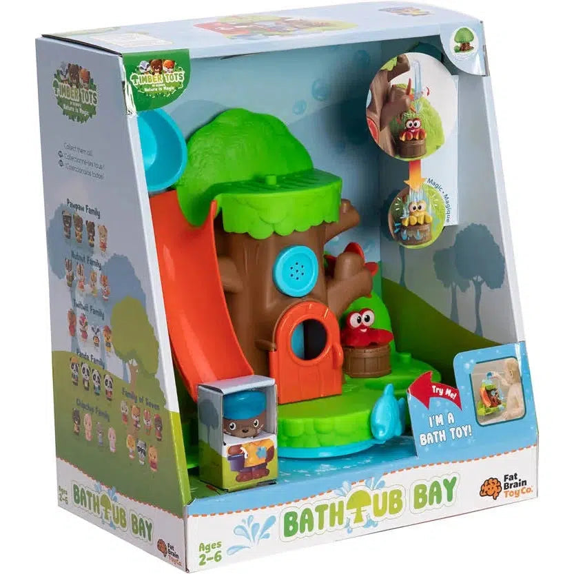 Image of the packaging for the Timber Tots Bathtub Bay play set. It has graphics describing how the included crab can change colors with different temperature water.